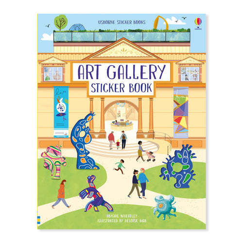 Art gallery sticker book front cover. Illustration of visitors and sculptures outside a gallery.