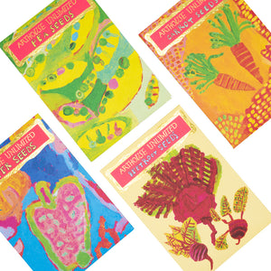 A series of colourful seed packets photographed from a birds eye view.