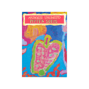  Front cover of a packet of seeds featuring an illustration of sweet peppers and Arthouse Unlimited's logo.