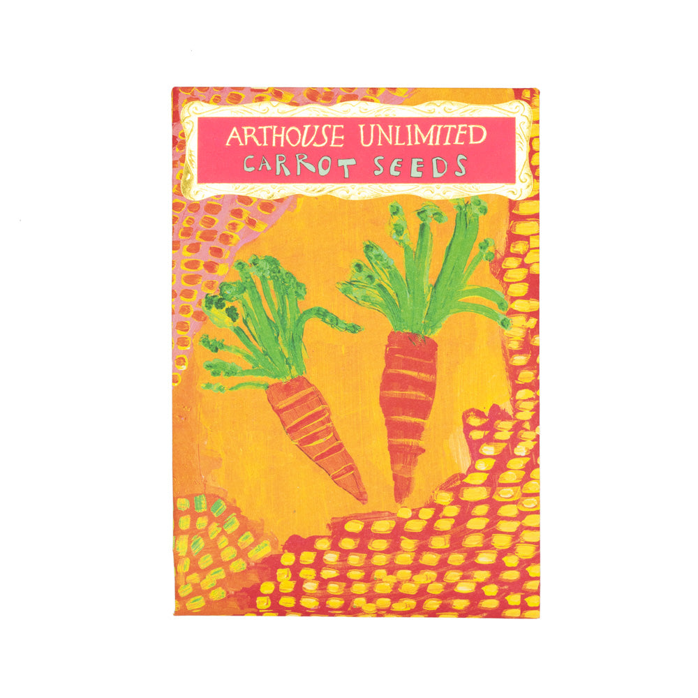Front cover of a packet of seeds featuring an illustration of carrots and Arthouse Unlimited's logo.