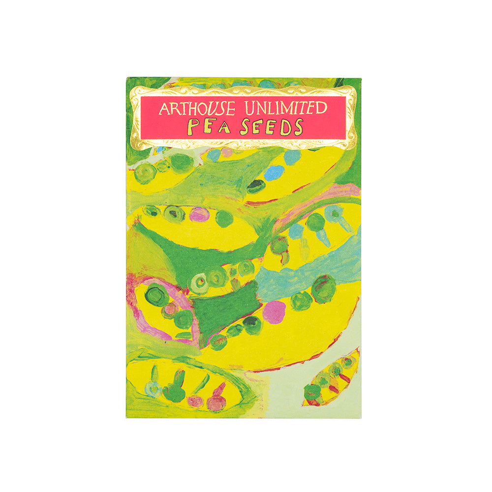 Front cover of a packet of seeds featuring an illustration of pees and Arthouse Unlimited's logo.