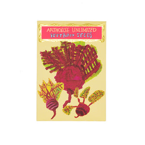 Front cover of a packet of seeds featuring an illustration of beetroot and Arthouse Unlimited's logo.