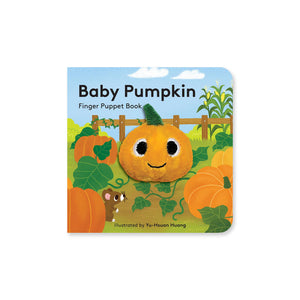 Finger puppet book with pumpkin soft toy poking through the cover
