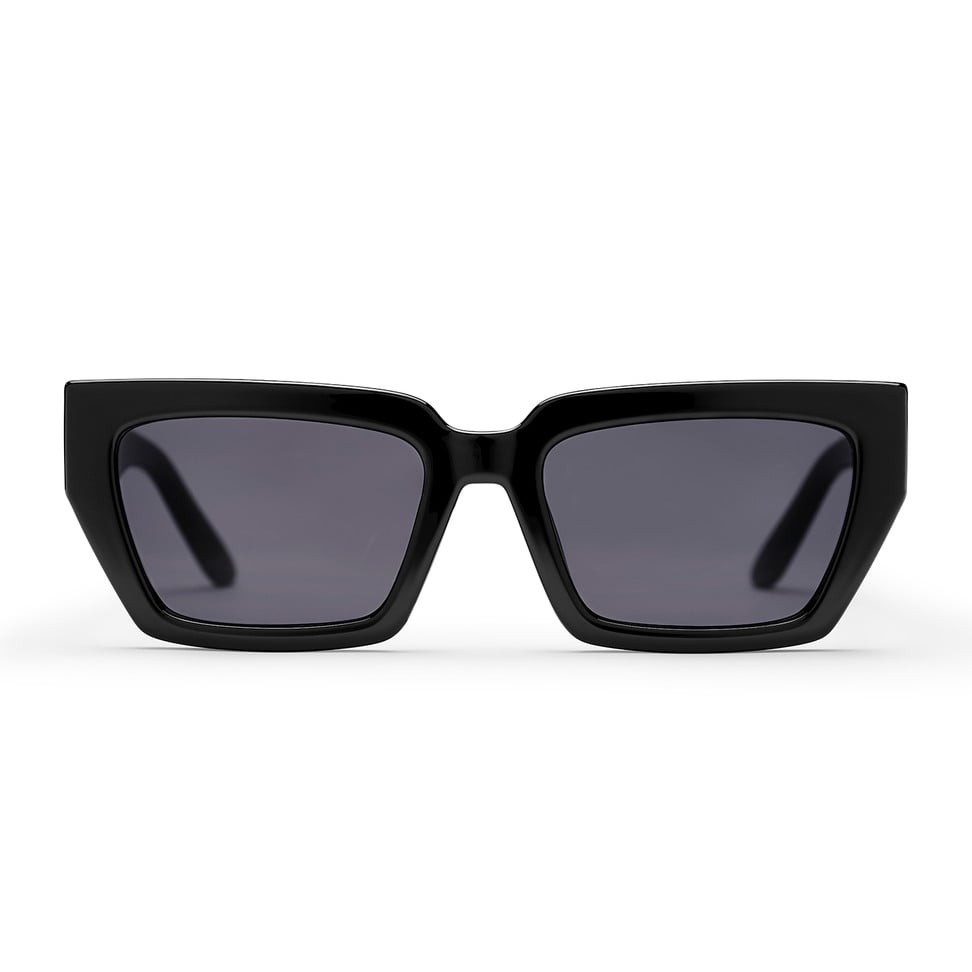 Black sunglasses with dark lenses on a white background