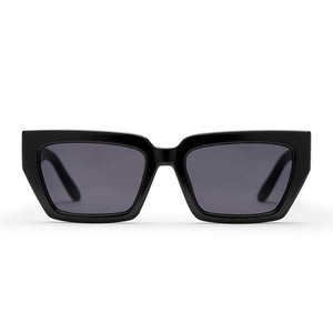 Black sunglasses with dark lenses on a white background