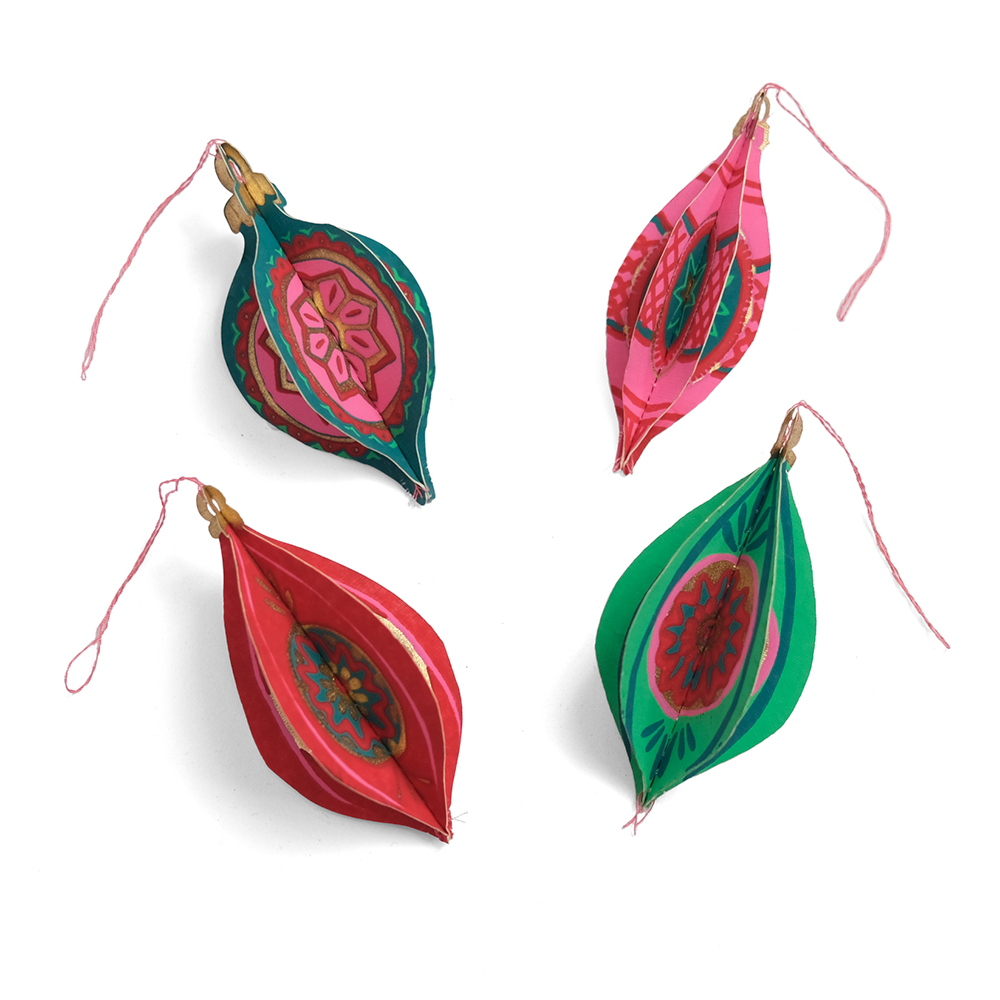 Four colourful paper bauble-shaped ornaments on a white background