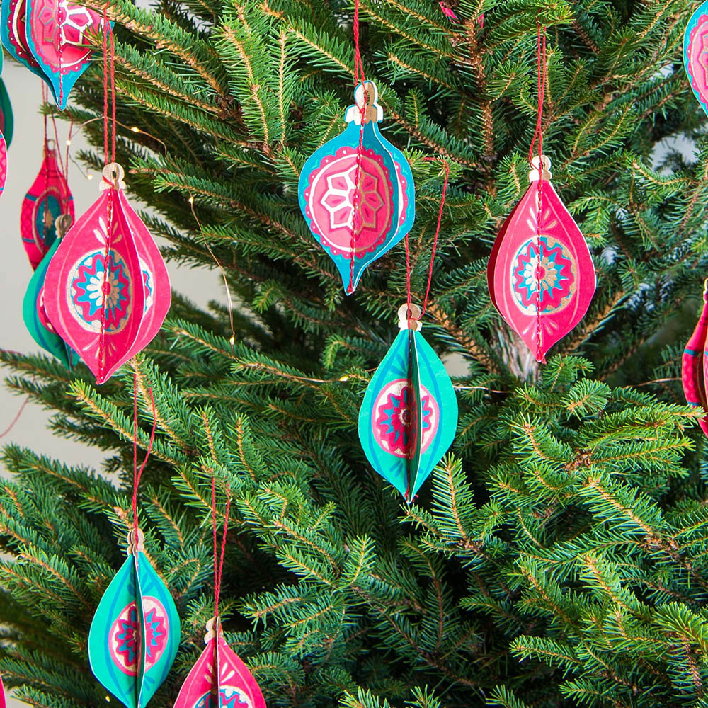 Decorative Christmas ornaments hanging on a tree