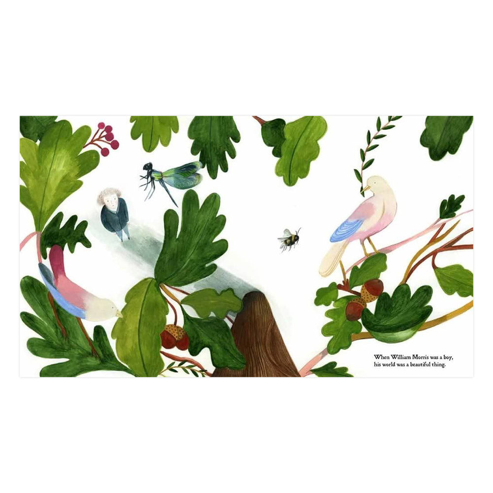 A lush illustration of a forest scene with a variety of plants, a bird, a dragonfly, a bee, and a small boy looking up at the canopy.