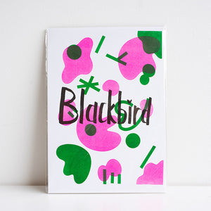 Print with abstract design and 'Blackbird' text on a white background