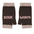 Brown and beige mittens with 'book' on the left and 'worm' on the right.