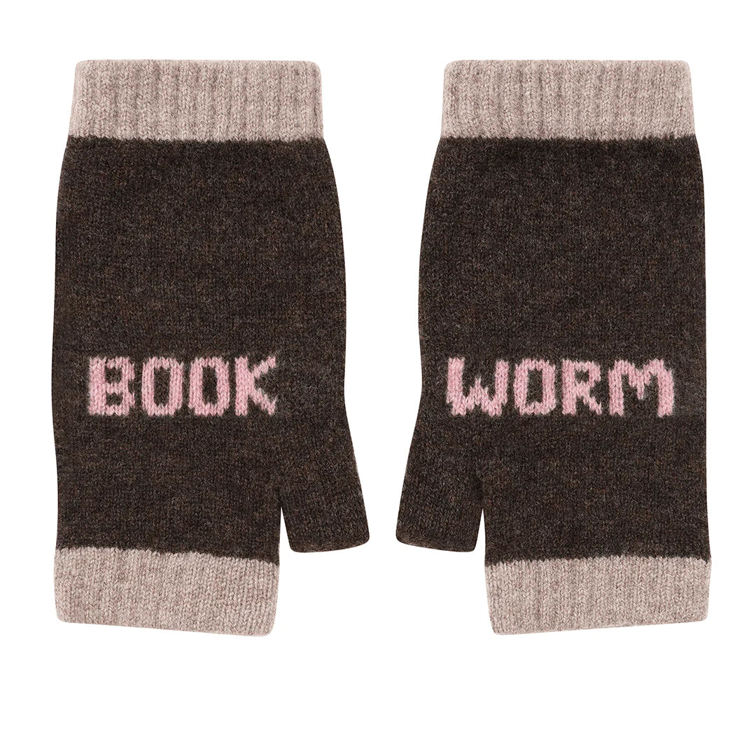 Brown and beige mittens with 'book' on the left and 'worm' on the right.