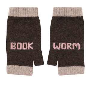 Brown and beige mittens with 'book' on the left and 'worm' on the right.