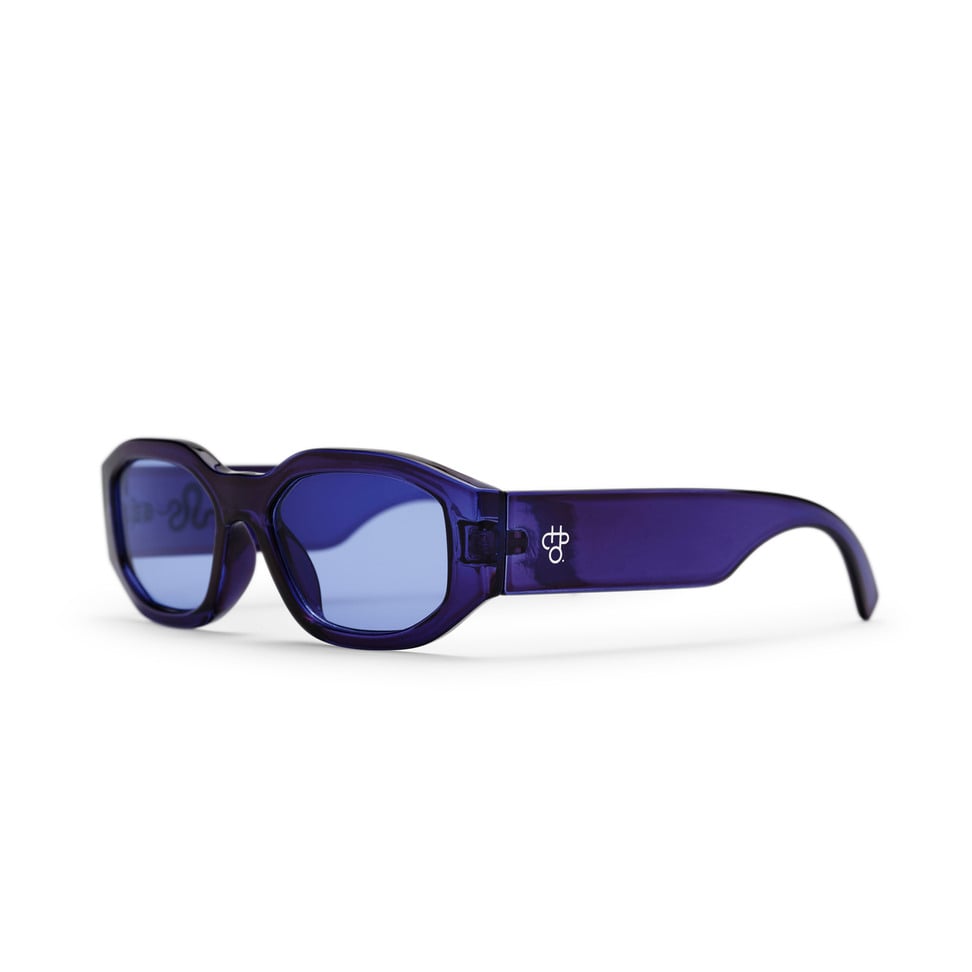 Blue sunglasses with a brand logo on a white background