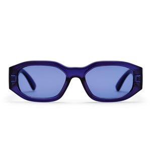 Blue sunglasses with a white background