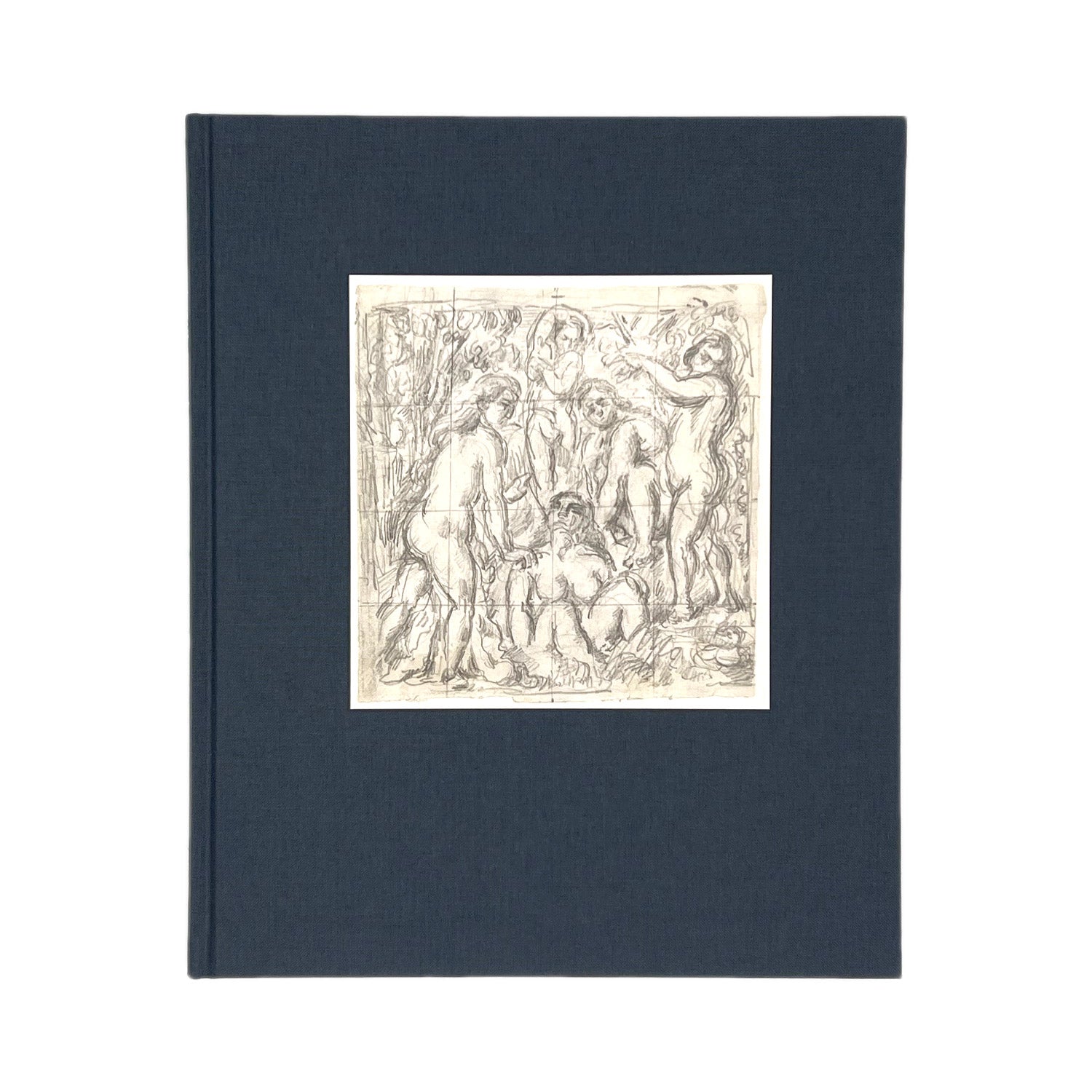 Front cover of blue clothbound book with Bathers drawing by Cezanne.