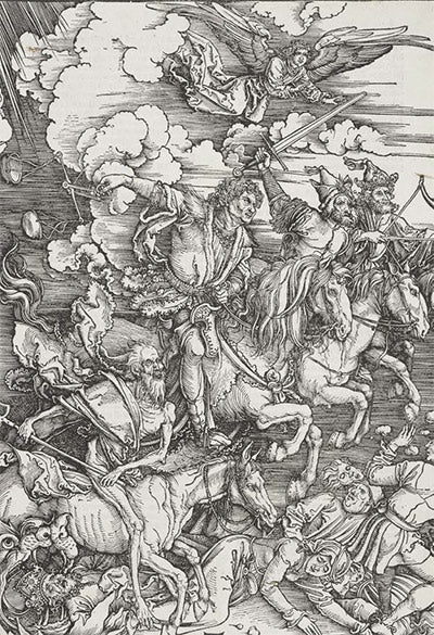 Four Horsemen of the Apocolype by Albrecht Durer, featuring a battle.