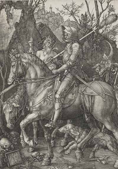 Knight, Death and the Devil by Albrecht Durer, featuring a night on a horse amongst trees and animals