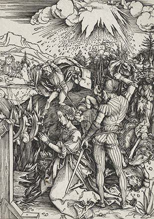 The Martyrdom of St Catherine by Albrecht Durer, drawing featuring a busy scene and St Catherine preparing for execution