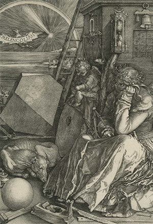 Melencolia I by Albrecht Durer. A woman sits in the front of the frame looking melancholic.