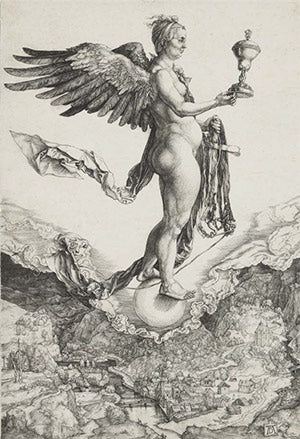 Nemesis (Or the Great Fortune) by Albrecht Durer, an angelic figure holding a trophy-like object.