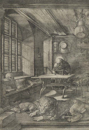 St Jerome in his Study by Albrecht Durer. An elderly man sat in a study with a dog resting in front.