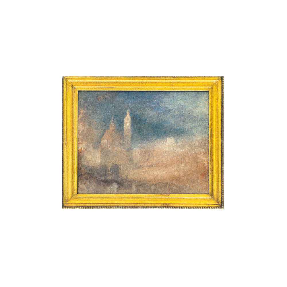 Magnet featuring a painting of a landscape with a yellow frame on a white background