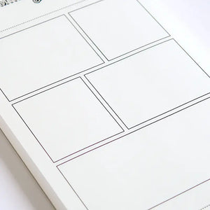 Blank storyboard template with multiple rectangular panels on a white background