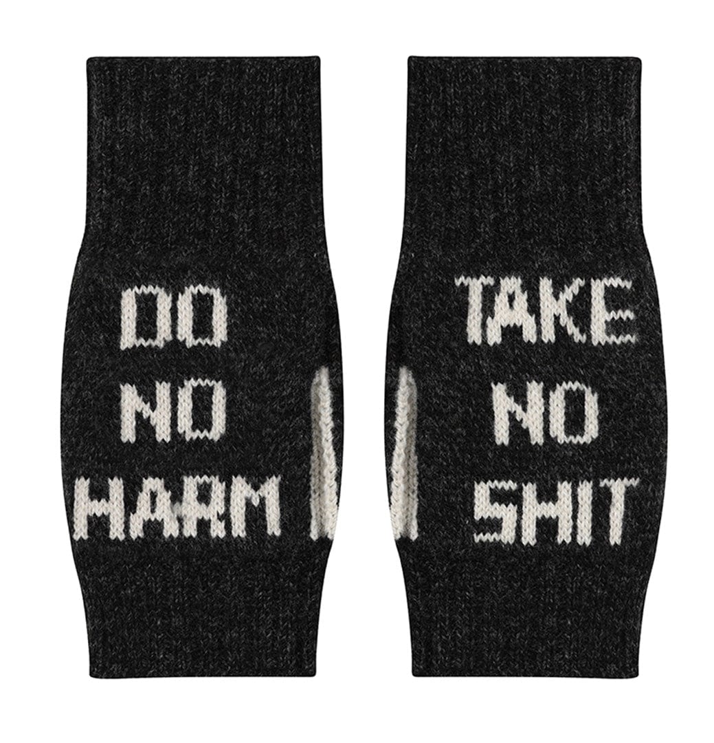Black arm sleeves with white text 'DO NO HARM' and 'TAKE NO SHIT' on a white background