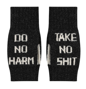 Black arm sleeves with white text 'DO NO HARM' and 'TAKE NO SHIT' on a white background