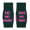 Green fingerless gloves with pink text on a white background