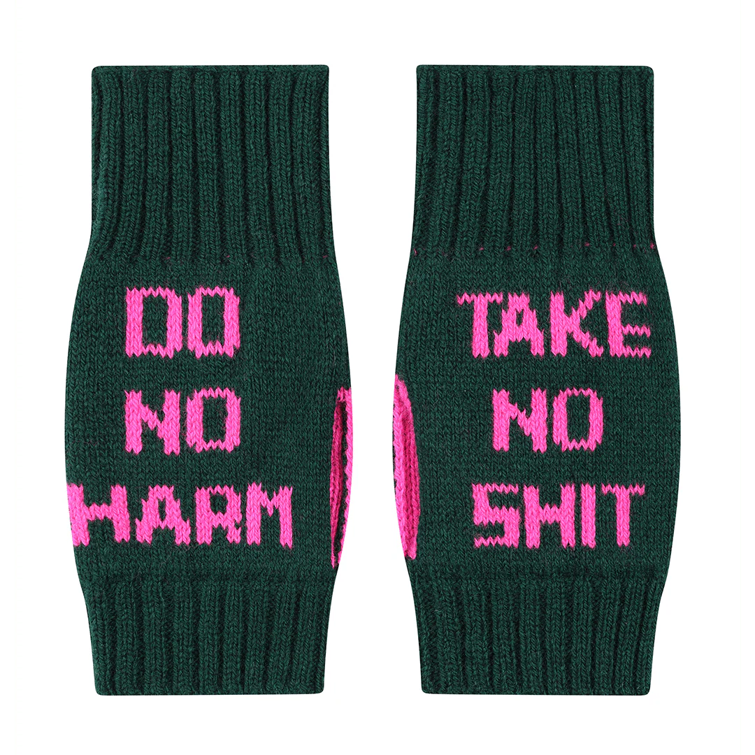 Green fingerless gloves with pink text on a white background