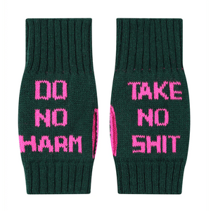 Green fingerless gloves with pink text on a white background