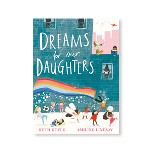 Book cover with illustration of children running with a rainbow flag