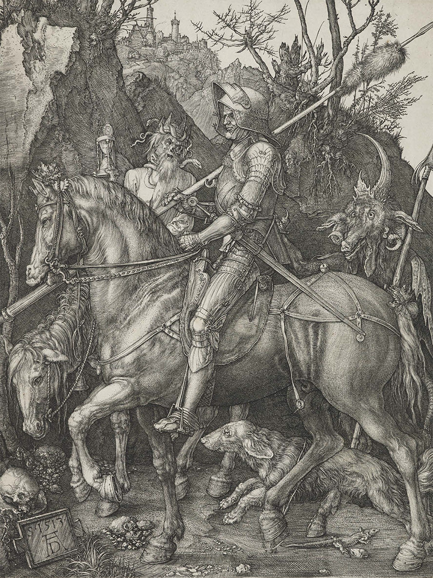 Albrecht Durer's Knight Death and the Devil etching, featuring a knight on a horse with various figures and landscape surrounding them.