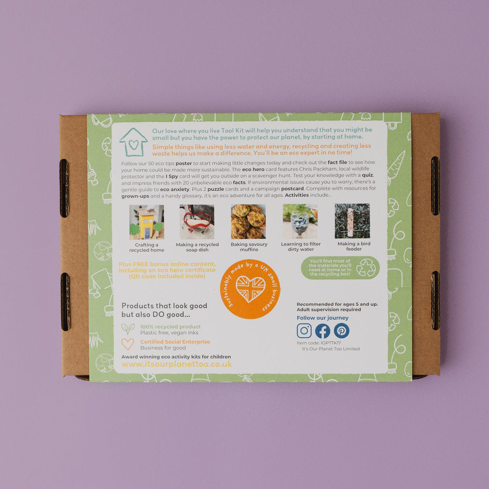 Colourful box packaging for an eco kit for children against a purple backdrop.