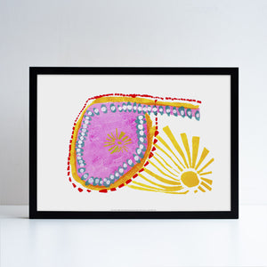 Reproduction of a colourful artwork by Emma Horton. Placed inside of a black frame.