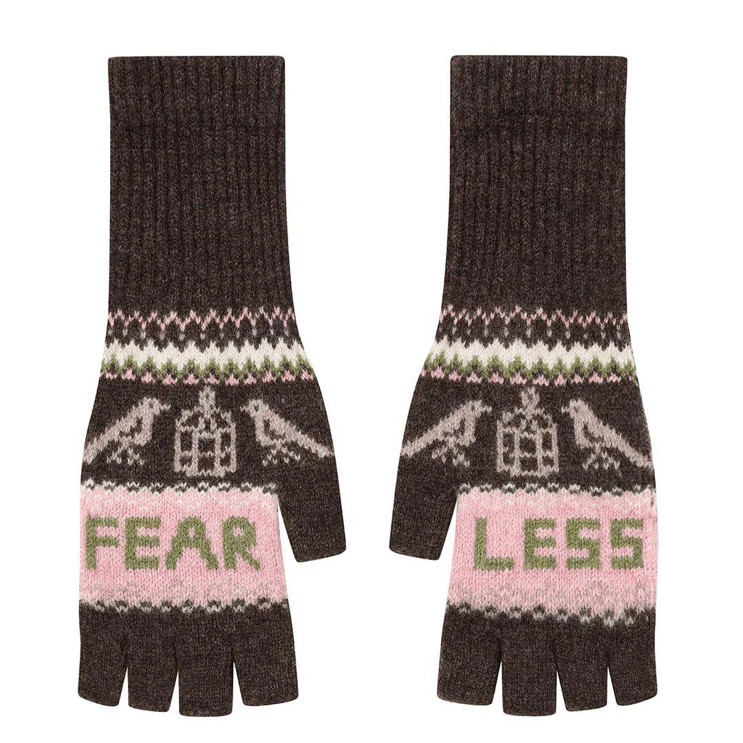 Mittens with 'fearless' written on them in colours brown and pink