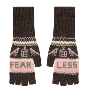 Mittens with 'fearless' written on them in colours brown and pink
