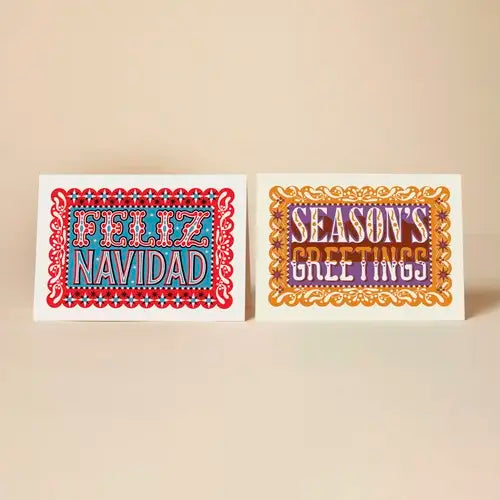 Two Christmas cards with 'Feliz Navidad' and 'Season's Greetings' text on a beige background.
