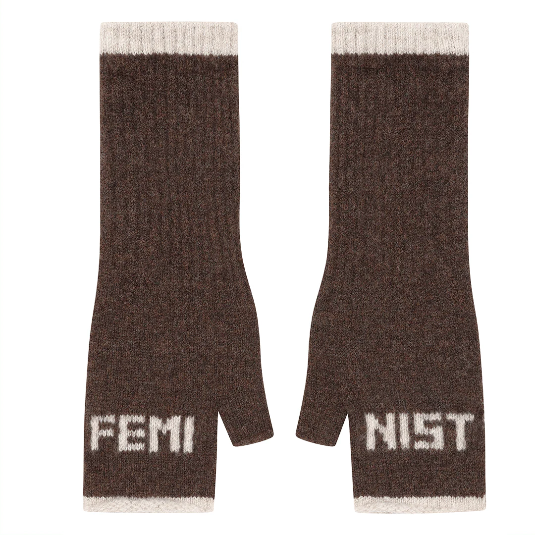 Brown fingerless gloves with 'FEMINIST' text on a white background