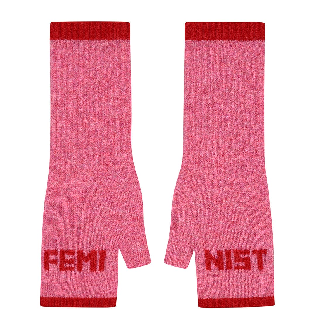 Pink fingerless gloves with red text on a white background