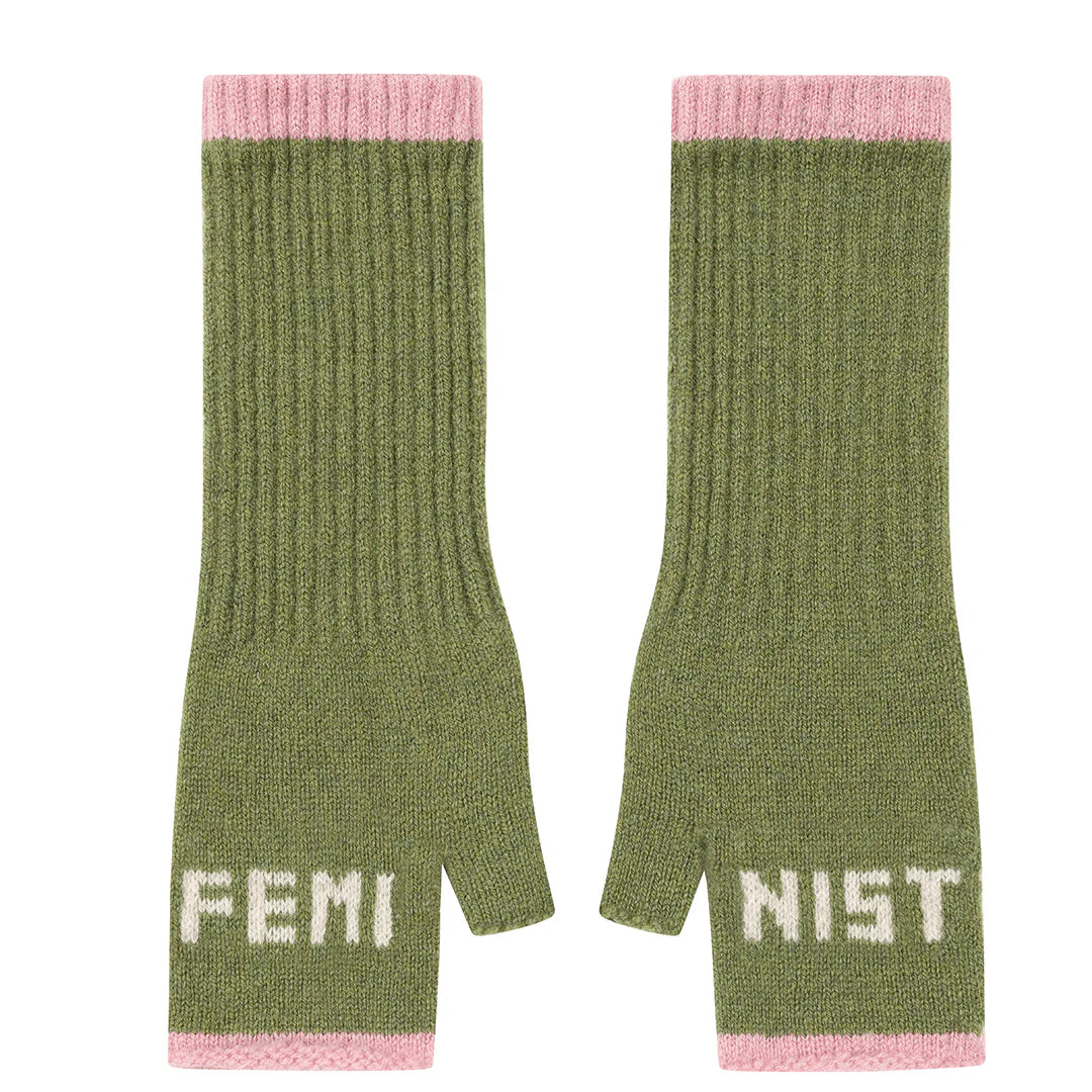 Green fingerless gloves with 'FEMINIST' text and pink cuffs on a white background