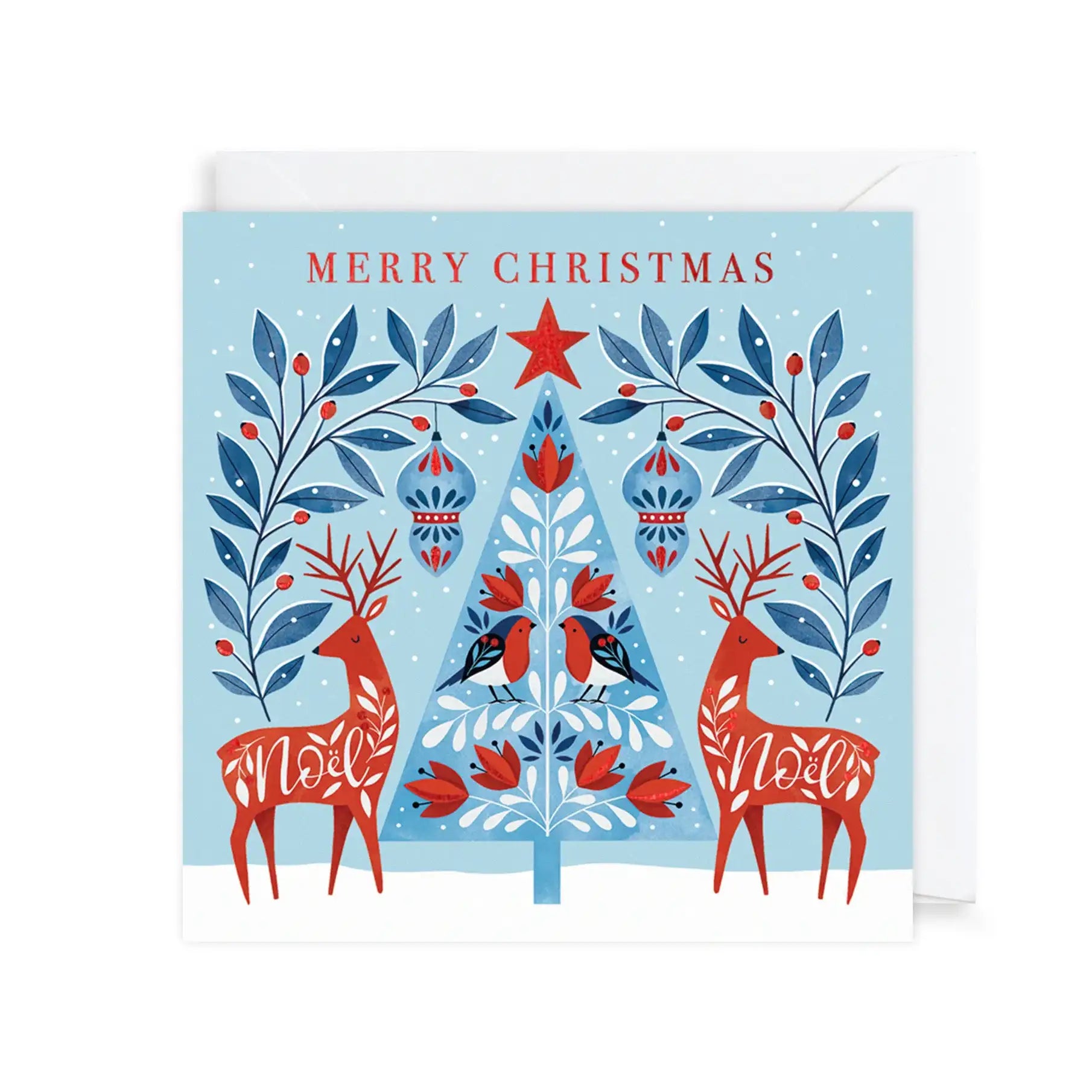 A Christmas card featuring a stylized Christmas tree adorned with ornaments and surrounded by blue branches. Two red reindeer stand on either side of the tree. The background is a light blue with falling snowflakes.