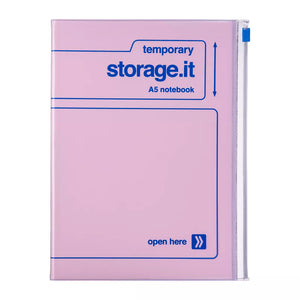 Purple A5 notebook with 'temporary storage.it' text on a white background