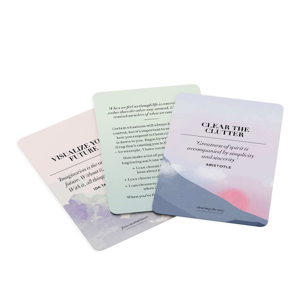 Three pastel coloured cards with motivational words against a white background.