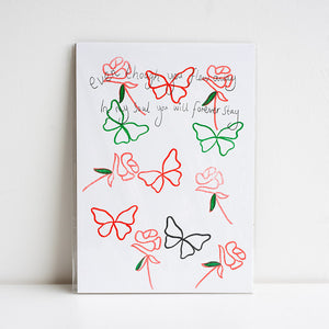 Decorative card with floral and butterfly illustrations on a white background