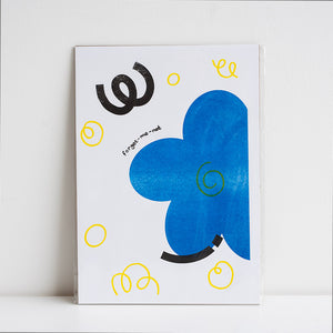Print with a blue flower and text on a white background