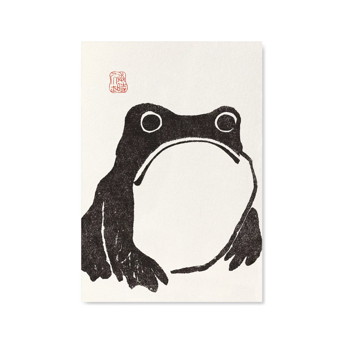 A Japanese woodblock art print featuring a black ink frog illustration on an off-white textured paper background, with a small red seal in the upper left corner.