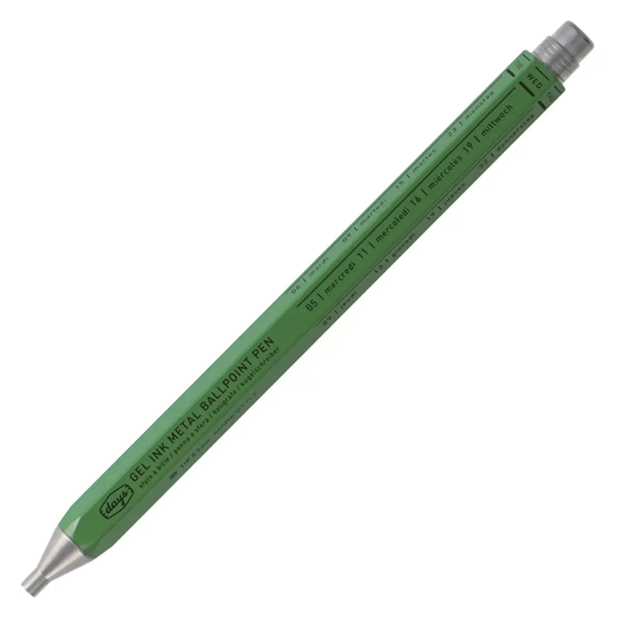 A green metal ballpoint pen with a silver cap. The pen has multiple languages printed on it, including English, French, Spanish, Italian, and German.