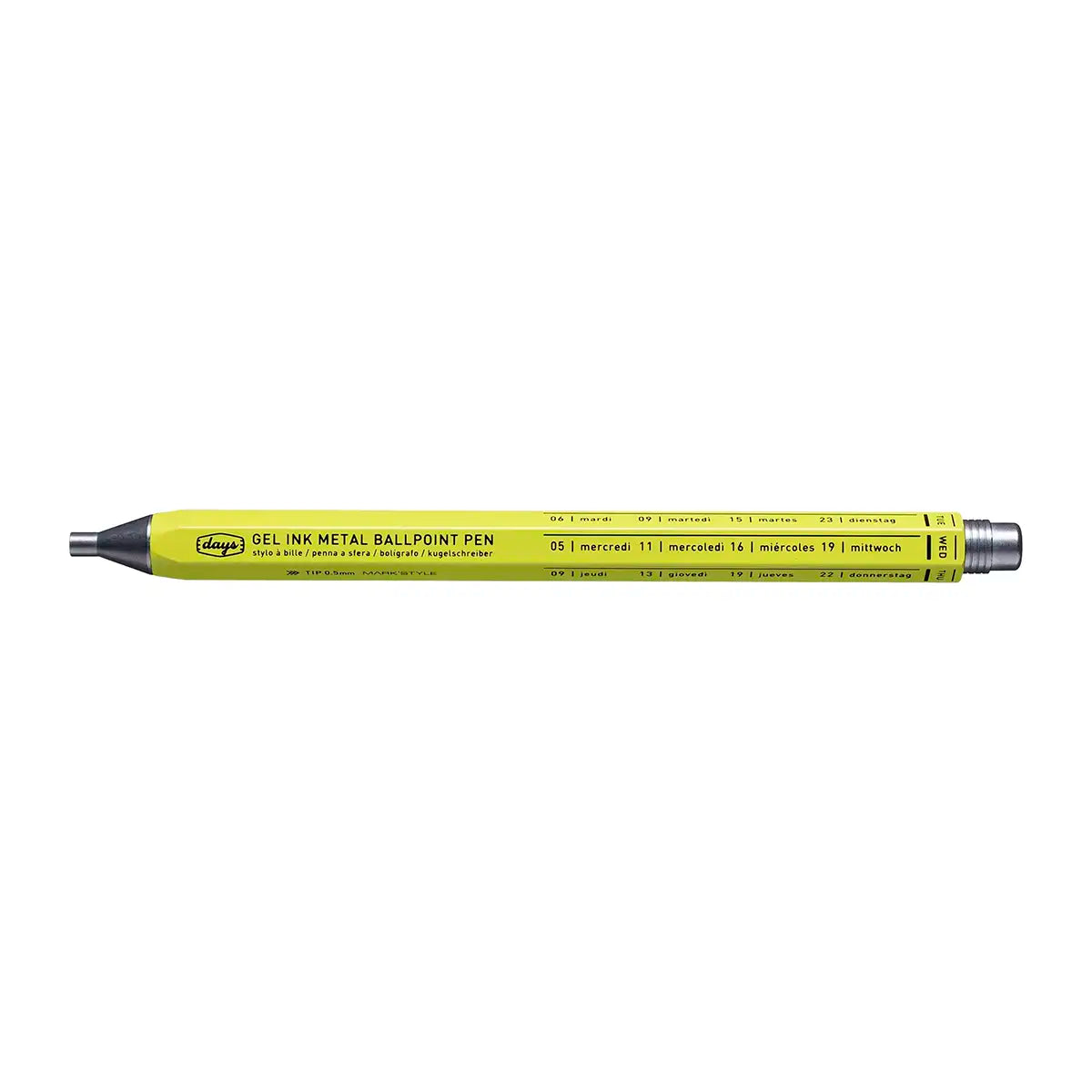 A neon yellow metal ballpoint pen with a silver cap. The pen has multiple languages printed on it, including English, French, Spanish, Italian, and German.